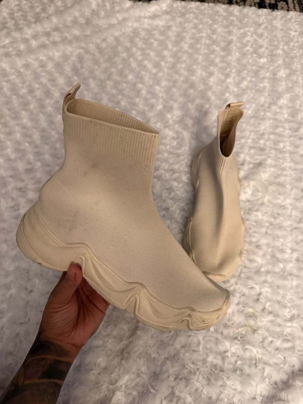 Beige Mid-Top Slip-On Sock Sneaker Boots